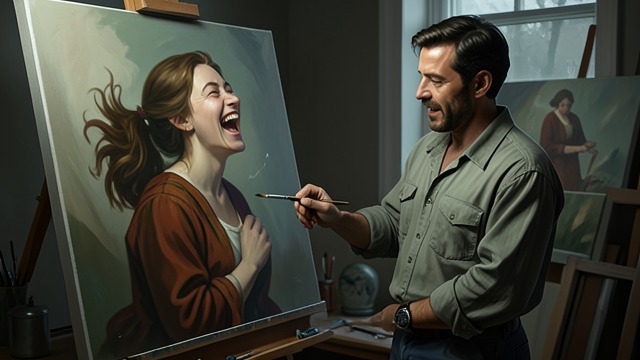 Seen by Art from "It Must Be Love: A Mustang Prairie Romance". The Laughing Portrait Attention Jack Thorpe paints Trixie Beaumont in a moment of unguarded joy.