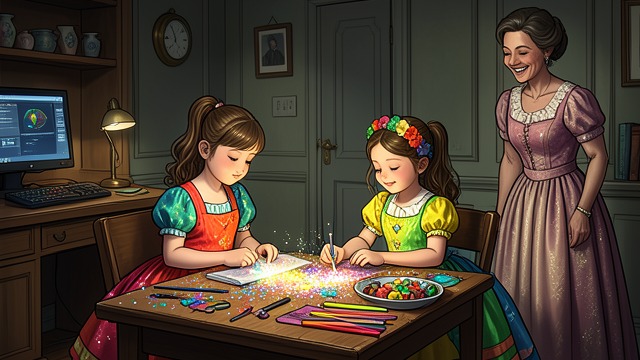 Children’s Station from "It Must Be Love: A Mustang Prairie Romance". Glitter and Play Abby and Andie Abby Thorpe and Andie Thorpe work at the glitter station under Trixie Beaumont’s guidance.