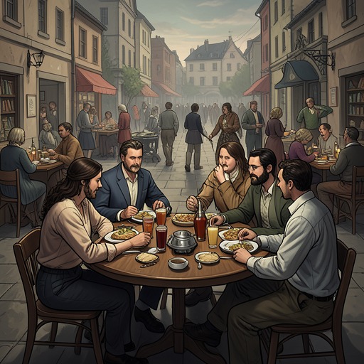 Community as Emotional Infrastructure from "It Must Be Love: A Mustang Prairie Romance". This flow traces how recurring public gatherings make personal recovery possible by surrounding private pain with collective activity.