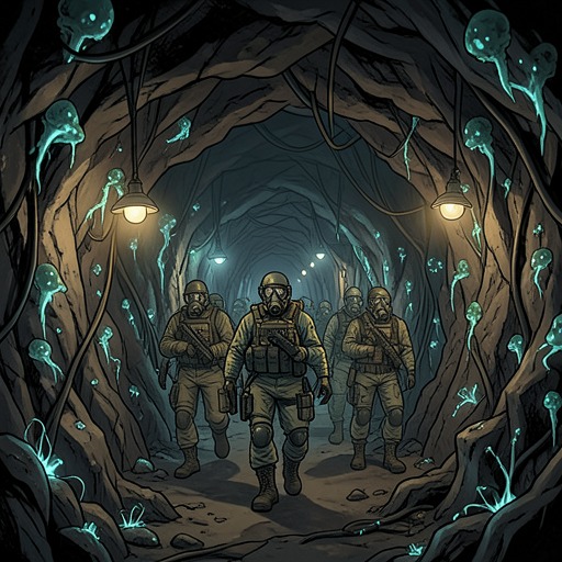 The Subterranean Nest Hunt from "Tinea and Leah: [Cyberpunk, Alien Incursions, Murder and Mayhem, Girl's Love (WLW)]". This flow follows the investigation and destruction of hidden Antithesis nests beneath Acid Crater.