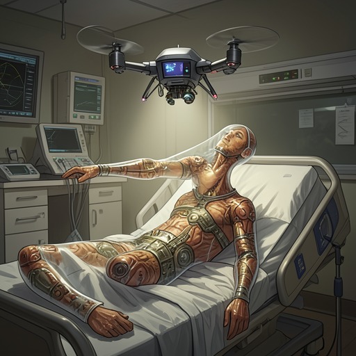 The Body-Sleeve as Transitional Identity from "Tinea and Leah: [Cyberpunk, Alien Incursions, Murder and Mayhem, Girl's Love (WLW)]". This flow follows the Mark III Therapeutic Body-Sleeve from emergency medicine to symbol of temporary embodiment and recovery.