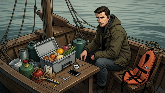 Casual Readiness from "Not Without Hope". Gear Without Planning Supplies Present The men bring food, fuel, coolers, phones, and fishing equipment. Their boat appears provisioned for a day at sea.