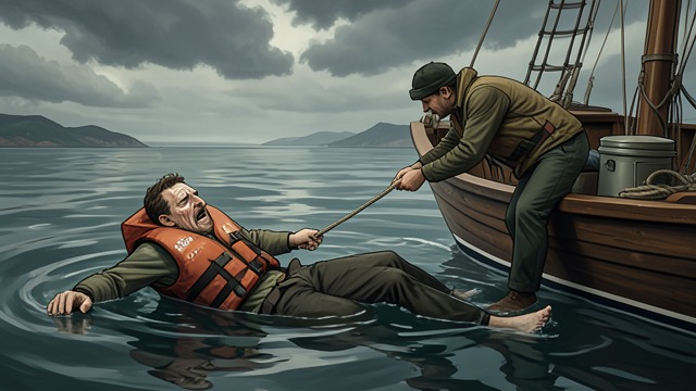 Final Decline from "Not Without Hope". The Last Strength Fading Motor Control Will becomes weak, confused, and unable to keep his life jacket or hold the boat.