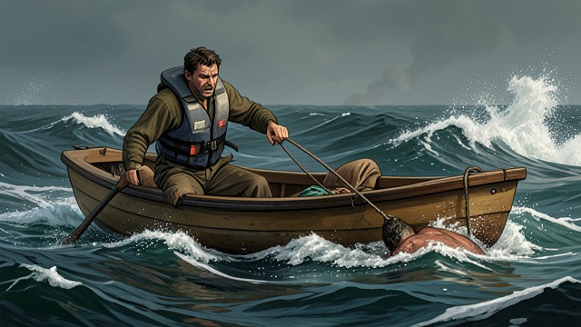 Rescue Boat Launch from "Not Without Hope". The Final Approach Contact at Sea After Michael Briner spots Nick, the cutter launches a rescue boat.