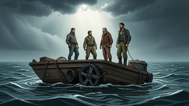 Failed Righting Attempts from "Not Without Hope". Strength Against Physics Collective Effort The four men try to turn the boat upright by gripping the hull and timing their movements with the waves.