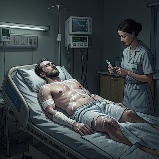 The Medical Battle from "Not Without Hope". This flow traces the physiological progression from seasickness and cold immersion to delirium, collapse, and hospital stabilization.