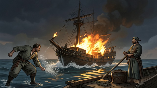 Fire Dust Pyre from "Chasing Sunlight". Burning the Deific Corpse Jonathan spreads Fire dust behind the moving ship while Antomine completes the rite.