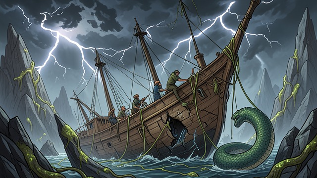The Grave Storm from "Chasing Sunlight". The Eastern Cyclone A storm of stone, lightning, and fungal threads chases the Endeavor toward the Grave of Wood.