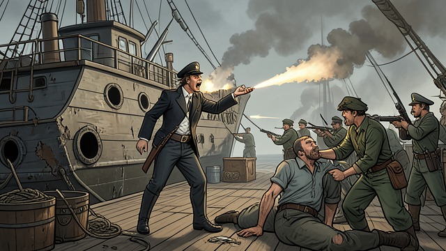 The Captain in Combat from "Chasing Sunlight". Against the Boarders Montgomery responds to the mercenary attack with rapid orders, disciplined gunfire, and concern for injured crew.