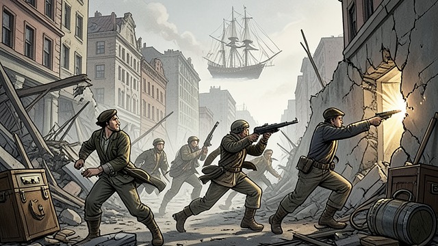 The Straight Line Escape from "Chasing Sunlight". Refusing the City’s Rules Jonathan abandons normal navigation and has Antomine fire a path through the buildings.