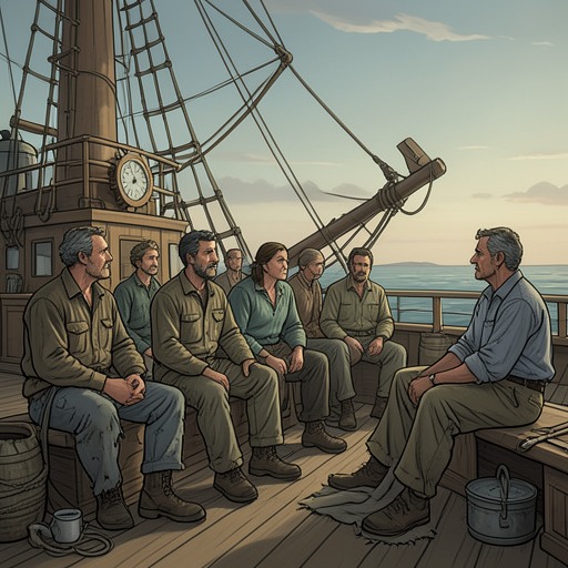 The Fate of the Crew from "Chasing Sunlight". This flow traces the crew’s shifting relationship to the expedition, from paid laborers to survivors transformed by exposure to the east.