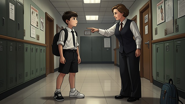 A Uniform Violation from "I'd Like to Apologize to Every Teacher I Ever Had". A Uniform Violation A small breach Pepper is stopped for wearing the wrong color shoes, although he says the correct pair is in his backpack. Ms.