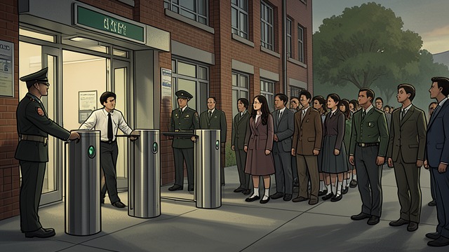 Security at the Entrance from "I'd Like to Apologize to Every Teacher I Ever Had". Security at the Entrance Metal detectors as routine Danza passes guards and screening equipment while students enter Northeast High School.