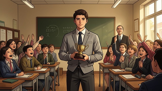 A Contest Victory from "I'd Like to Apologize to Every Teacher I Ever Had". A Contest Victory Recognition from the judges Daniel’s performance receives unanimous top scores, and the students cheer.
