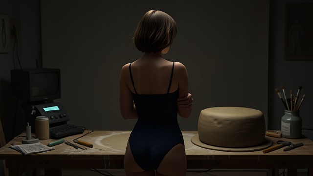 Living Model from "Alpha Wolf Mate Mega Bundle (Paranormal BBW Werewolf Erotic Romance 7-Pack)". Living Model Exposure Jillian poses nude while Floyd Meriwether translates her body into clay.