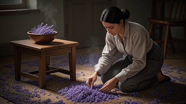 The Lavender Floor from "Her First Werewolf (BBW, Werewolf, Prince Charming, Fairy Tale Romance)". The Lavender Floor Domestic Beauty Flora lines the woven floor with lavender, making the cabin smell like a garden.