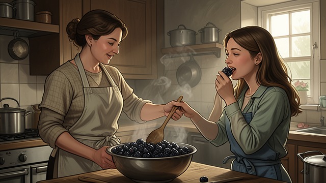 The Flourished Domesticity from "Her First Werewolf (BBW, Werewolf, Prince Charming, Fairy Tale Romance)". The Flourished Domesticity Pies and Bread Morgan bakes blackberry pies while Flora watches and eats a sugared berry.