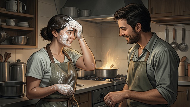 Domestic Tenderness from "Her First Werewolf (BBW, Werewolf, Prince Charming, Fairy Tale Romance)". Domestic Tenderness Familiar Affection Flora smiles at Morgan, wipes flour from her brow, and shares the small pleasures of the kitchen.