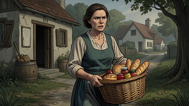 The Prepared Basket from "Her First Werewolf (BBW, Werewolf, Prince Charming, Fairy Tale Romance)". The Prepared Basket Gifts and Obligation Bread, preserves, honey, and shepherd’s pie fill the basket.