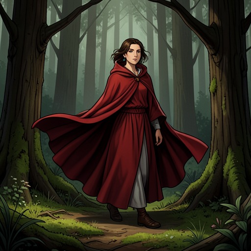 The Red Cloak Quest from "Her First Werewolf (BBW, Werewolf, Prince Charming, Fairy Tale Romance)". This flow follows Flora’s red cloak as a material symbol of identity, vulnerability, and transformation.
