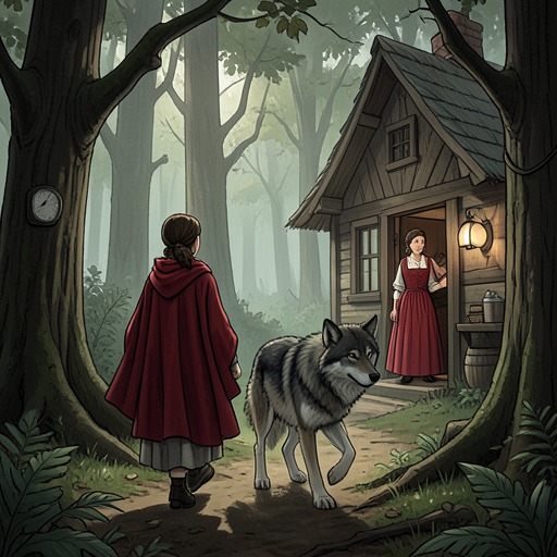 The Storybook Reversal from "Her First Werewolf (BBW, Werewolf, Prince Charming, Fairy Tale Romance)". This flow traces how the narrative invokes and revises the Little Red Riding Hood pattern.