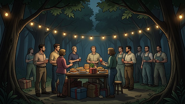The Gathering Takes Shape from "Tales From Otherworld: Collection One". The Gathering Takes Shape Signs of celebration Lights hang between trees, music plays, and tables hold food and wrapped presents.