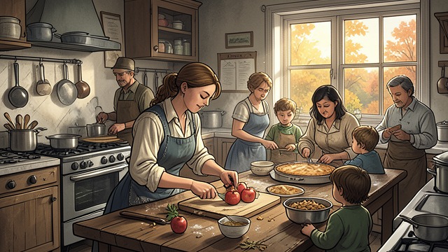 A Familiar Kitchen from "Tales From Otherworld: Collection One". A Familiar Kitchen Sharing the work Delilah peels apples beside Morio while the rest of the family prepares pies and other dishes.