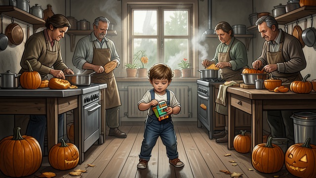 A Child Among Caregivers from "Tales From Otherworld: Collection One". A Child Among Caregivers Everyday attention Maggie draws while several adults cook, carve pumpkins, and keep an eye on her.