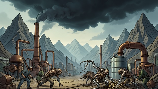 Monsters and Infrastructure from "The Legend of William Oh". Monsters and Infrastructure A City Built Around a Machine Oilton’s giant oil pump, water tanks, and steam systems sustain a settlement in hostile terrain.