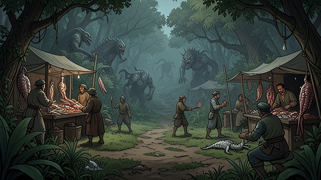 The Hunting Grounds from "The Legend of William Oh". The Hunting Grounds A Managed Wilderness The Hunting Grounds contain monsters, Sacrifices, trails, markets, and seasonal access.