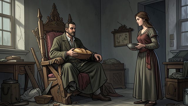 Throne and Bread from "The Legend of William Oh". Throne and Bread Accidental Authority William Oh sits on the dead Lord’s throne while eating Brianna’s bread bowl.