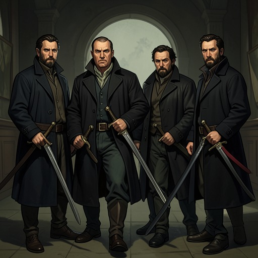 The Four Friends' Brotherhood from "The Three Musketeers". This flow traces how four competitive swordsmen become an interdependent brotherhood whose loyalty survives grief and political danger.