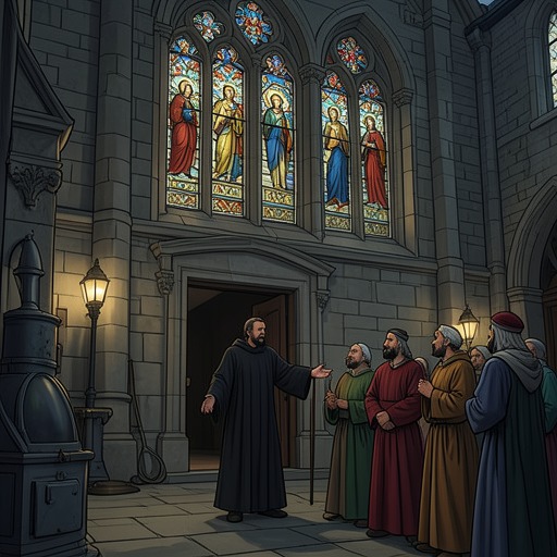 The Political Uses of Religion from "The Three Musketeers". This flow traces how Catholic, Puritan, and Huguenot identities become tools of loyalty, persecution, and manipulation.