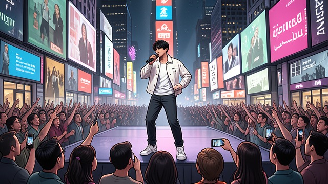 Times Square Crown from "O fenômeno Jungkook: O sucesso do BTS e a criação de um superstar mundial". A Public Solo Claim Jungkook performs on the TSX stage in Times Square with only a short warning.