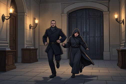 埃尔达尔与娜塔莉逃离王宫 from "The Vampire Prince’s Bride". Erdal and Natalie’s escape from the royal palace marks the point at which their private flight becomes an open act of treason against King Zutaar.