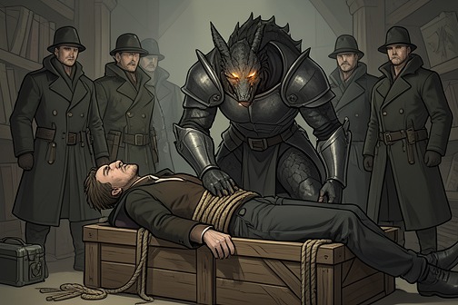 Brask被悬赏者捕获 from "The Vampire Prince’s Bride". Brask's capture is the decisive reversal in his flight from the bounty hunters: a public warrant becomes a lethal pursuit, his attempt to protect Libba forces…