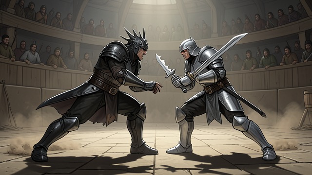 Champion’s Duel from "The Vampire Prince’s Bride". War Concentrated in Two Bodies Formal Challenge Darius and The Thunder make the political conflict physically immediate through a single duel.