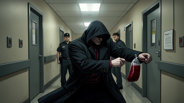 Theft from Hospitals from "The Vampire Prince’s Bride". Illegal Supply Robbery Valnoir steals blood from Lincoln Medical Centre to support the Fort.