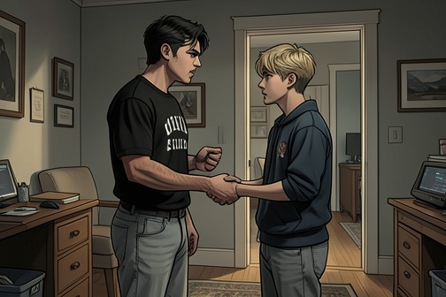 Connor发现Shelby与Jungkook的关系并接受他们,《《空白》》中的场景。康纳来到巴纳姆家,在谢尔比的房间里发现她和柾国待在一起,由此得知两人的关系。起初,这场冲突围绕隐瞒、亲密关系和父亲的保护展开,后来却成为一次决定性的考验,用来判断柾国是否值得托付谢尔比的脆弱。康纳的愤怒起初使他成为阻碍这对恋人的力量,但柾国谈及谢尔比的创伤,并承诺帮助她康复,改变了这场对峙的情绪走向。