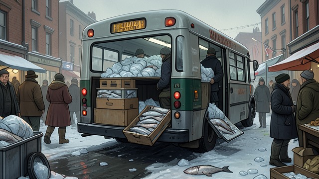 Fish by Bus from "Pamela's War". Fish by Bus A Cold Parcel Fresh fish travels from Birmingham’s market to the Clent bus station packed in ice.