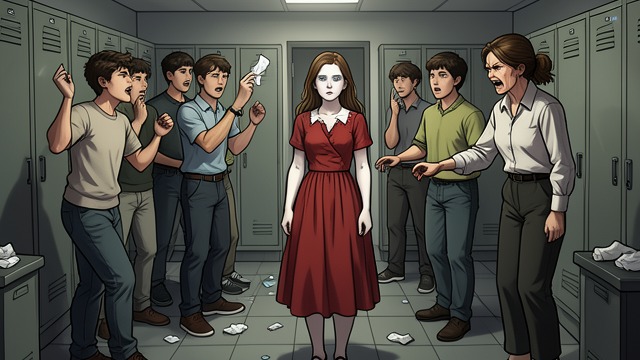 Cruelty in the Locker Room from "Stephen King Three Classic Novels Box Set: Carrie, 'Salem's Lot, the Shining". Cruelty in the Locker Room A Group Targets Carrie Students turn Carrie White’s confusion into a spectacle, chanting and throwing sanitary products.