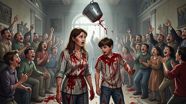 The Evening Shattered from "Stephen King Three Classic Novels Box Set: Carrie, 'Salem's Lot, the Shining". The Evening Shattered The Betrayal Pig blood falls onto Carrie White and Thomas Everett Ross as the school song plays.