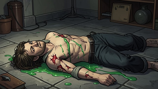 Green Blood from "Mon Loup Alpha". Green Blood An Injured Stranger Nemrod appears with wounds along his sides and green fluid running from them.