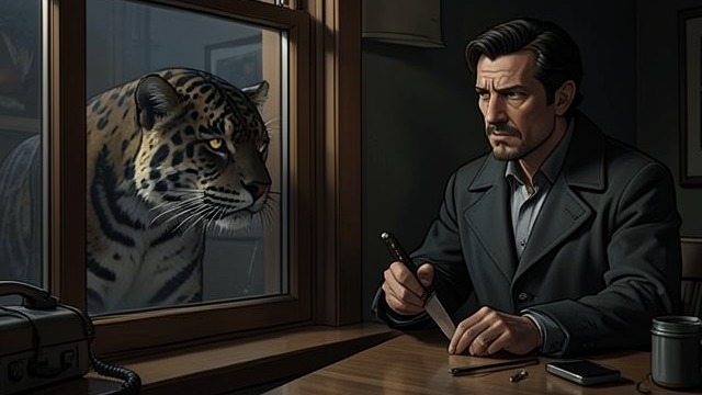 The Jaguar Appears from "Mon Loup Alpha". The Jaguar Appears A Concrete Threat A jaguar reaches the window, converting the earlier suggestion of pursuit into a visible attacker.