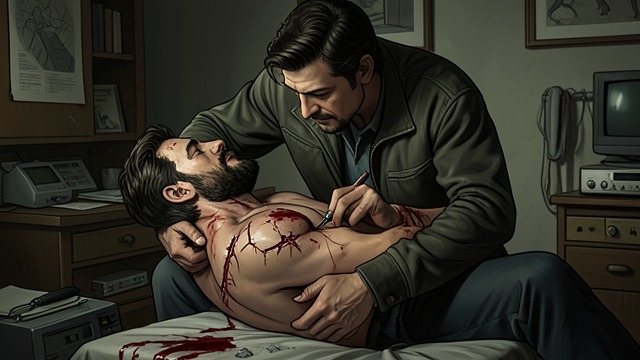 Wounds in the Bedroom from "Mon Loup Alpha". Wounds in the Bedroom First Aid Julien carries Nemrod inside, cleans his flank wounds, and bandages them.