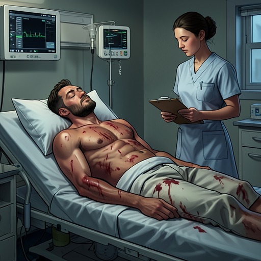 Sam Stanton’s Captivity from "Mon Loup Alpha". Sam Stanton shifts from injured attacker to coerced source of information when Julien confronts him in the hospital.