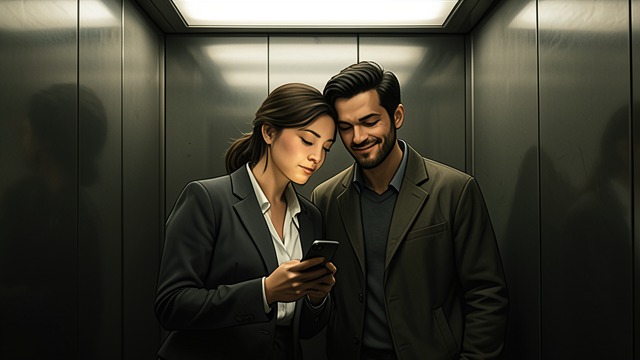 Flirtation from "Falling For The CEO: BAD BOY ROMANCE". An Immediate Spark Mutual Curiosity Diana and William exchange teasing questions while the elevator confines them together.