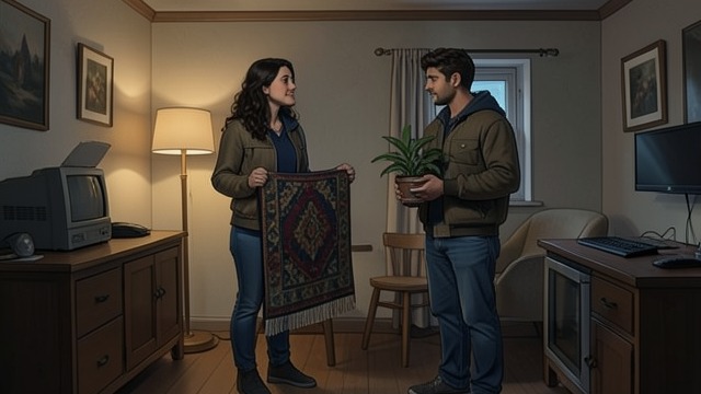The Apartment Becomes Ours from "Roommate Wars & Midnight Kisses (My College Romance)". The Apartment Becomes Ours Material Transformation By the final chapter, a rug, plants, photographs, shared food, and two pillows have altered the studio’s…