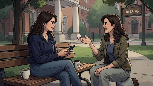 Naomi’s Long-Distance Support from "Roommate Wars & Midnight Kisses (My College Romance)". A Familiar Face on Screen Leah video-calls Naomi from a bench near The Diag.