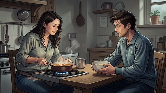 Domestic Trust Through Food from "Roommate Wars & Midnight Kisses (My College Romance)". Care Without Crisis A Different Kind of Help Leah prepares Jook through a video call with her mother and offers Liam a bowl when he returns from rain and work.